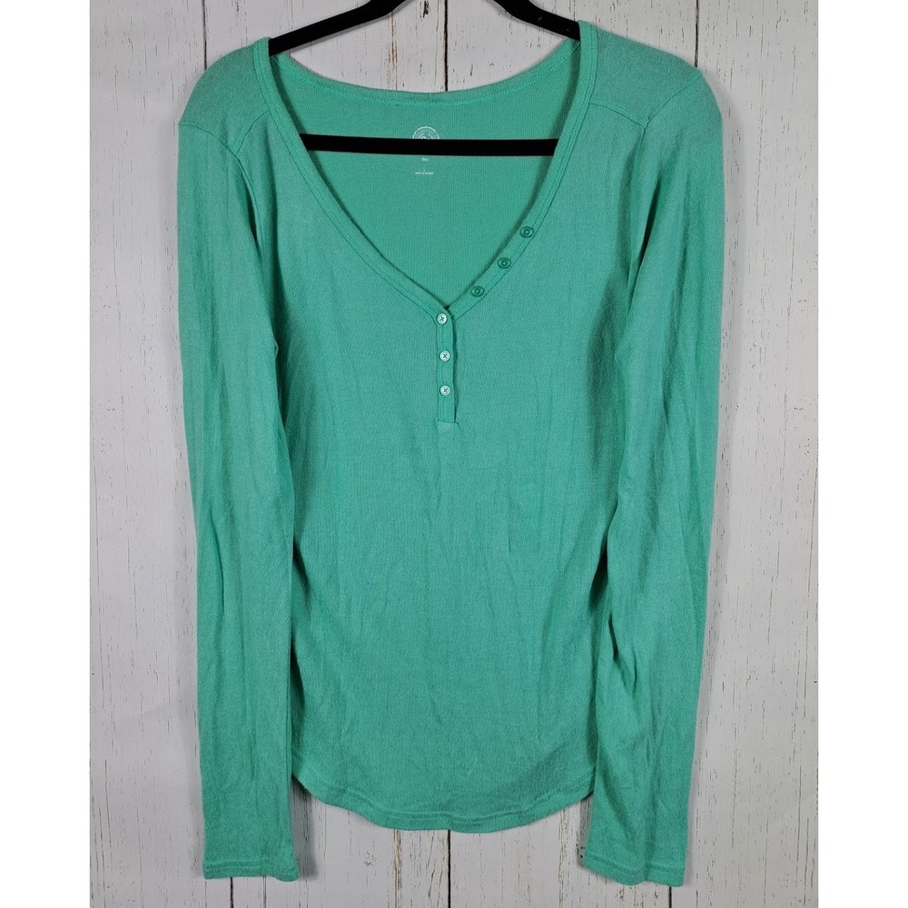Sonoma Size Large Womens Green Fitted Button Up‎ Long Sleeve V Neck  Top